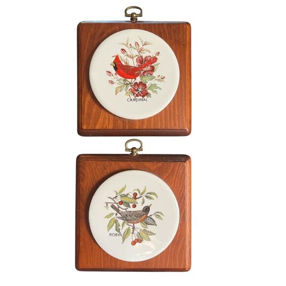 Wood Framed Ceramic Tile Trivets Blue Jay & Robin Pattern Vintage Pair Cottage - Picture 1 of 4